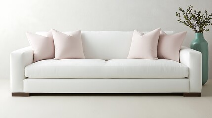 Fototapeta premium Modern white sofa with pink cushions in a minimalist living room setting, featuring a decorative vase