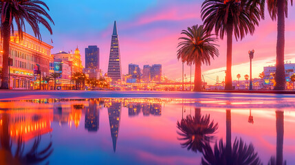 Obraz premium San Francisco sunset city skyline reflection, waterfront palm trees, vibrant colors, travel postcard