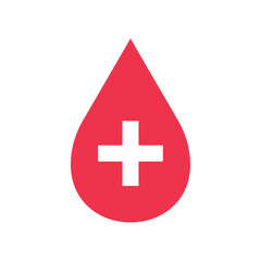 Obraz premium Vector Red Blood Drop Silhouette with Plus Flat Icon Design on White Background. Blood Donation, Health Care and Medicine Symbol with Cross. 