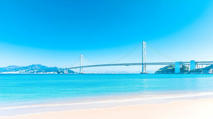 Scenic coastal bridge on a sunny day, tranquil beach, clear blue sky and ocean, perfect for travel brochures