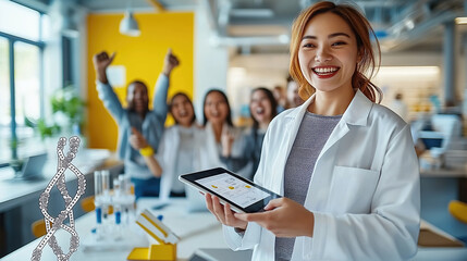 Asian female scientist smiling with colleagues celebrating in modern lab setting