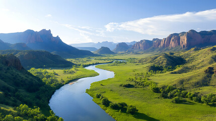 Obraz premium Scenic river flowing through green valley, majestic mountains backdrop, aerial view, perfect for travel brochure