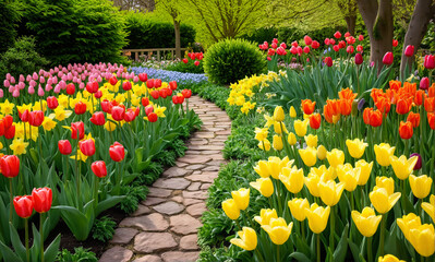 Fototapeta premium A colorful spring garden with tulips and daffodils, showcasing intricate floral details and soft lighting.