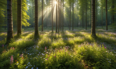 Obraz premium A vibrant forest clearing filled with a colorful carpet of wildflowers under the warm sunlight filtering through the trees. The detailed floral textures and forest floor create a picturesq
