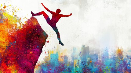 Adventure seeker leaps from a cliff in a vibrant urban landscape during a stunning sunset