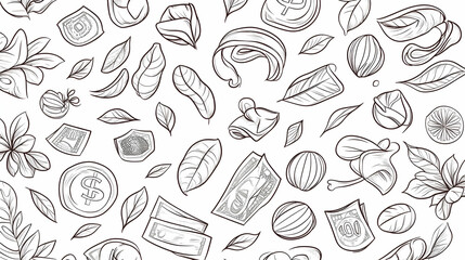 Seamless pattern of money, leaves, and tea.  Background is white, ideal for packaging or website design