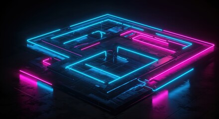 Futuristic neon geometric maze with blue and pink glowing light in dark ambient setting