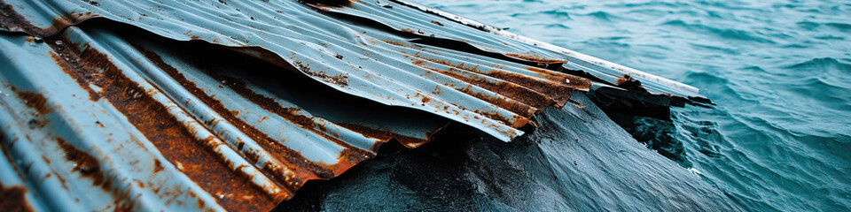 Damaged Corrugated Metal Sheeting Over Water