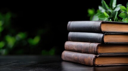 Antique books stacked on dark wood, leafy background, quiet study setting, educational content