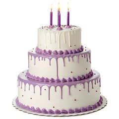 Three-tiered white birthday cake with purple dripping icing, topped with lit candles, isolated on a white background for festive designs jpg social media post ad high quality web banner poster 
