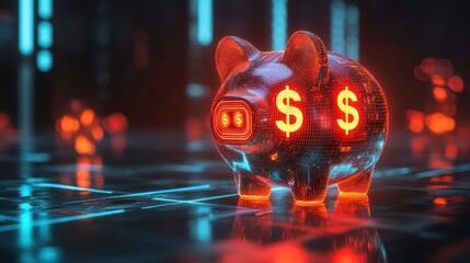 Transparent piggy bank with glowing dollar signs on a futuristic digital background.