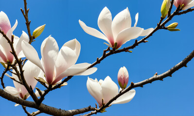   A vibrant magnolia tree in full bloom, showcasing intricate petal details, textured bark, and delicate spring colors set against a serene blue sky.