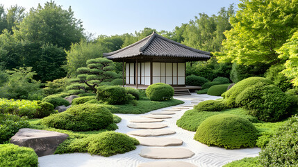 Serene Japanese garden with stone path, tea house, and manicured greenery; ideal for tranquility, meditation, and peace imagery