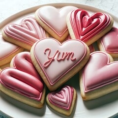 Fototapeta premium Heart-shaped cookies, decorated with pink and red icing, are artfully arranged on a plate with YUM text 