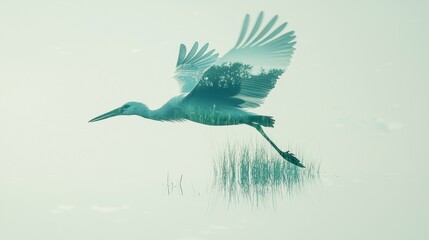 Fototapeta premium Bird in flight above a serene wetland landscape during early morning light