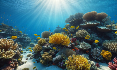 Naklejka premium A stunning underwater photorealistic scene featuring a vibrant coral reef teeming with marine life, including diverse fish species, sponges, and sea fans. The clear water sparkles with sun