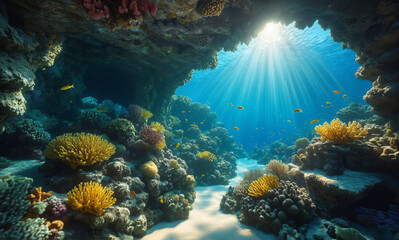 Naklejka premium A stunningly lifelike underwater cave scene, illuminated by sunlight filtering through an entrance, while vibrant corals and colorful sponges thrive nearby. Fish dart among the crevices, a