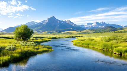 Serene river flows through green valley, majestic mountains backdrop, summer sunlight. Ideal for travel brochures