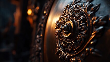 Close-up of an Ornate, Dark Metal Shield with Intricate Carvings