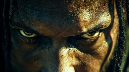 Intense close-up of a person's piercing eyes showcasing determination in a gritty outdoor setting