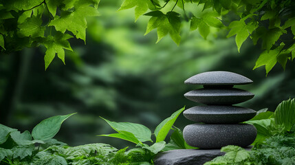 Serene stone stack in lush forest; nature's tranquility; wellness, meditation imagery