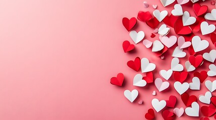A pink background is adorned with numerous red, white, and pink paper hearts, creating a festive and romantic backdrop.