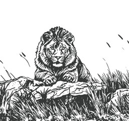 Lion in the forest set Black and White logo icon illustration white background