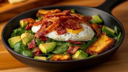 A delicious skillet meal featuring a poached egg, crispy bacon, fresh spinach, avocado, and toasted bread cubes.