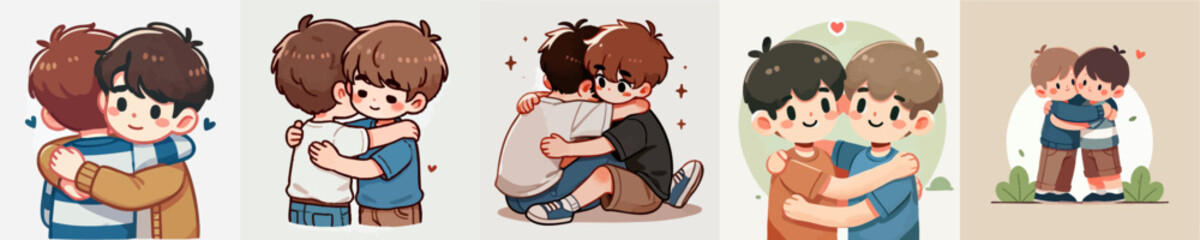 cartoon vector of boys hugging each other
