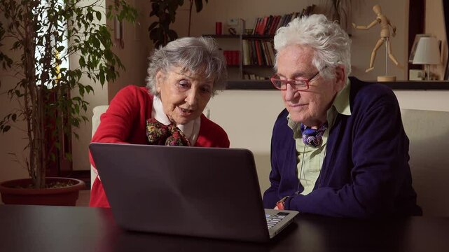 old man and his wife are using a laptop computer at home: elderly and technology