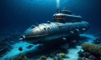 Fototapeta premium A vivid underwater adventure unfolds as a sleek deep-sea submersible navigates through the vast expanse of the ocean floor. Exploration leads to encounters with peculiar creatures that thr