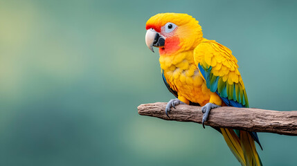 Fototapeta premium Sun Conure Parrot perched on branch, green background, wildlife, nature photography, for pet websites