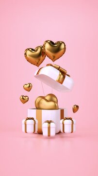 Valentines Day seamless looping video for social media with hearts, gifts and balloons on a pink background and copy space in 3D animation. Love celebration and romantic concept