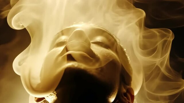 Ethereal beauty emerges from swirling smoke in a serene moment of self-reflection