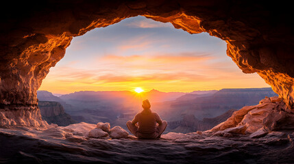 Sunrise Meditation Person sits in cave overlooking Grand Canyon, peaceful dawn.  Travel, tourism, serenity