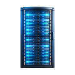 High-tech data server rack with illuminated panels on a transparent background