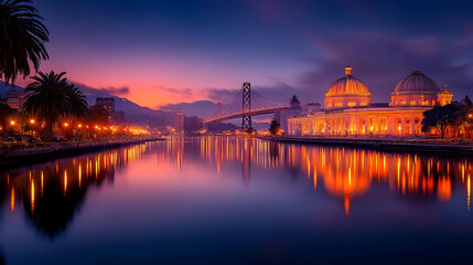 Obraz premium Sunset cityscape with bridge and illuminated building reflections on calm water, ideal for travel brochures