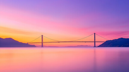 Obraz premium Sunset over suspension bridge, calm bay, hills, travel postcard