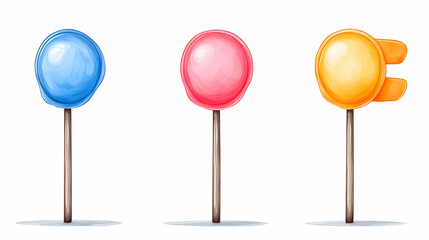 Three colorful lollipops on white background; perfect for food blogs, children's books, or candy shop websites