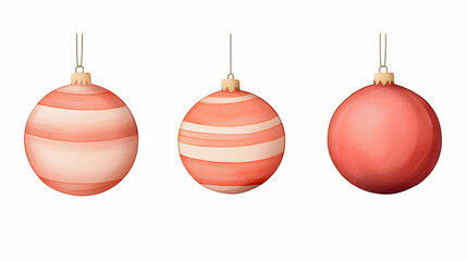 Three coral and cream striped and solid Christmas ornaments hanging against a white background; ideal for holiday cards