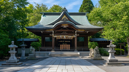 Traditional Japanese Shinto Shrine Surrounded by Lush Greenery and Stone Lanterns : Generative AI