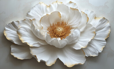 A large, intricately detailed white flower with layered petals and golden accents, set against a soft, light background. Generativ AI