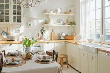 Scandinavian classic minimalistic kitchen with white and wooden details flowers. Modern white kitchen clean contemporary style interior design. Empty bright white interior minimal of kitchen