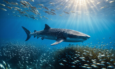 Naklejka premium A magnificent underwater scene showcases a whale shark gracefully swimming among a vibrant school of small fish. Sunlight beams down, illuminating the highly detailed skin texture of the g