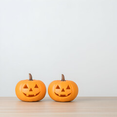 Two carved jack-o'-lanterns on a wooden table against a white wall; Halloween decoration