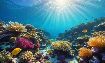Naklejka premium A stunning underwater world with a vibrant coral reef, filled with diverse marine life like fish, sponges, and anemones. The scene showcases intricate details, crystal-clear water, and sun