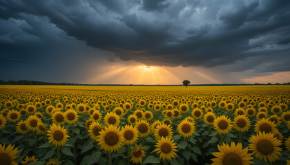 Obraz premium Sunbeams pierce storm clouds over vast sunflower field.