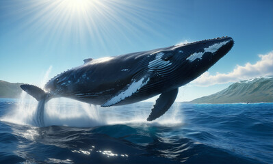 Fototapeta premium Humpback whale leaps out of ocean waters towards the bright sky, its sleek body glistening in the warm light of the sun. Splashes from its breach scatter around, creating a beautiful dance