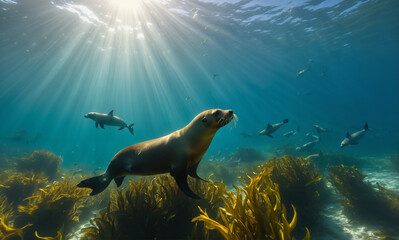 Obraz premium Underwater scene featuring a playful group of sea lions in a vibrant kelp forest, with sunlight casting a warm glow on the rippling water surface.