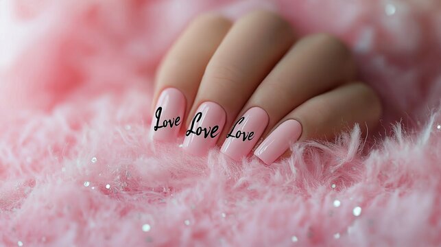 Fototapeta Elegant pink manicure featuring love inscriptions on a cozy background